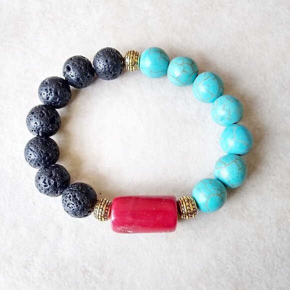 Sexy Stretch Bracelet: Red Coral + Turquoise Howlite + Black Lava Rock Beads - Picture 1 of 7